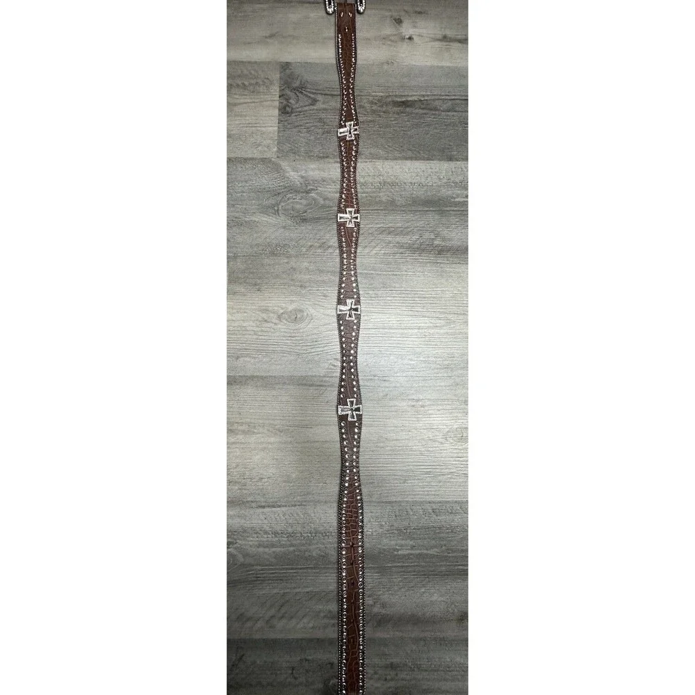 BLAZIN ROXX Brown Croc & Silver Rhinestone Crystals Studded Cross Bling Belt LG